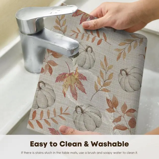 Alt view image 4 of 7 - Maple Leaves Fall Vinyl Placemats Set of 4, Wipeable Colorful Printing PVC Place Mats for Party Kitchen Dining Decor, Beige