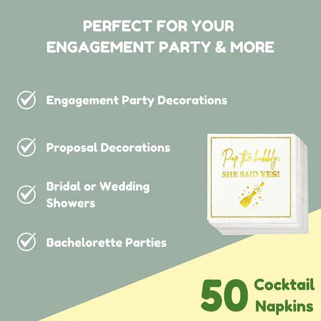 Alt view image 5 of 7 - She Said Yes Engagement Napkins, Gold Pop the Bubbly, She Said Yes! Decorations, We're Engaged Paper Cocktail Napkin, Getting Married Celebrations, Wedding Bridal Shower Decor, Bachelorette Parties