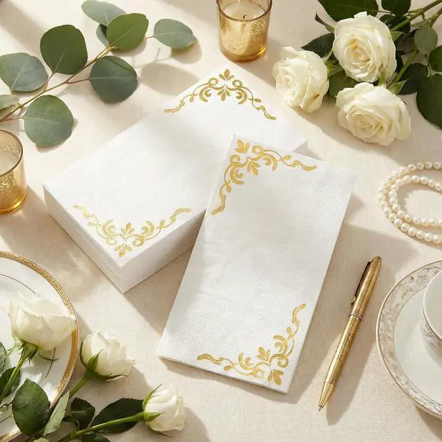 Alt view image 2 of 7 - 100Pcs Paper Napkins, Gold Foil Edged Vintage Elegant Pattern