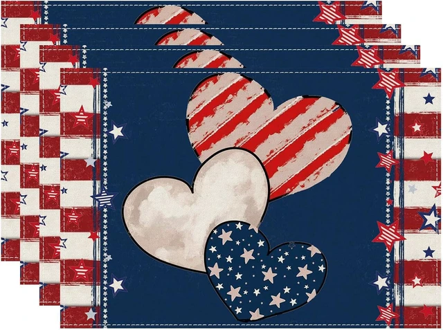 Main image of Heart Stripe Stars 4th of July Placemats Set of 4 12x18 Inch Patriotic America Memorial Day Independence Day Table Decorations Cloth Table Mats