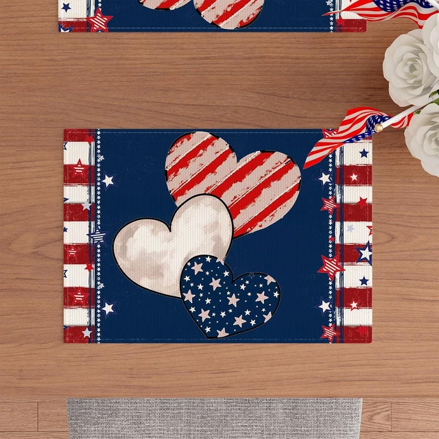 Alt view image 2 of 7 - Heart Stripe Stars 4th of July Placemats Set of 4 12x18 Inch Patriotic America Memorial Day Independence Day Table Decorations Cloth Table Mats