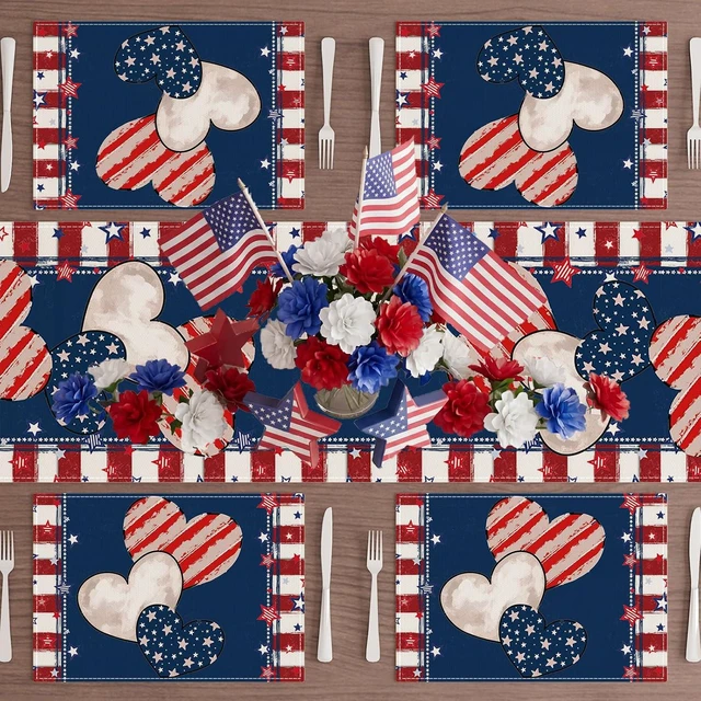 Alt view image 3 of 7 - Heart Stripe Stars 4th of July Placemats Set of 4 12x18 Inch Patriotic America Memorial Day Independence Day Table Decorations Cloth Table Mats