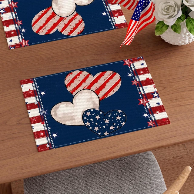 Alt view image 4 of 7 - Heart Stripe Stars 4th of July Placemats Set of 4 12x18 Inch Patriotic America Memorial Day Independence Day Table Decorations Cloth Table Mats