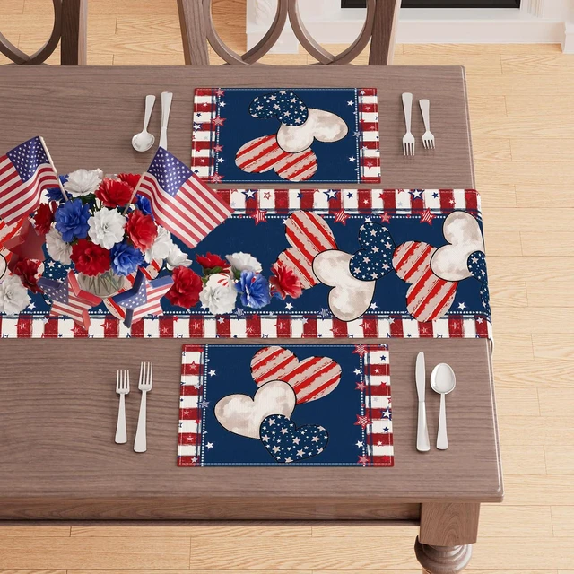 Alt view image 5 of 7 - Heart Stripe Stars 4th of July Placemats Set of 4 12x18 Inch Patriotic America Memorial Day Independence Day Table Decorations Cloth Table Mats