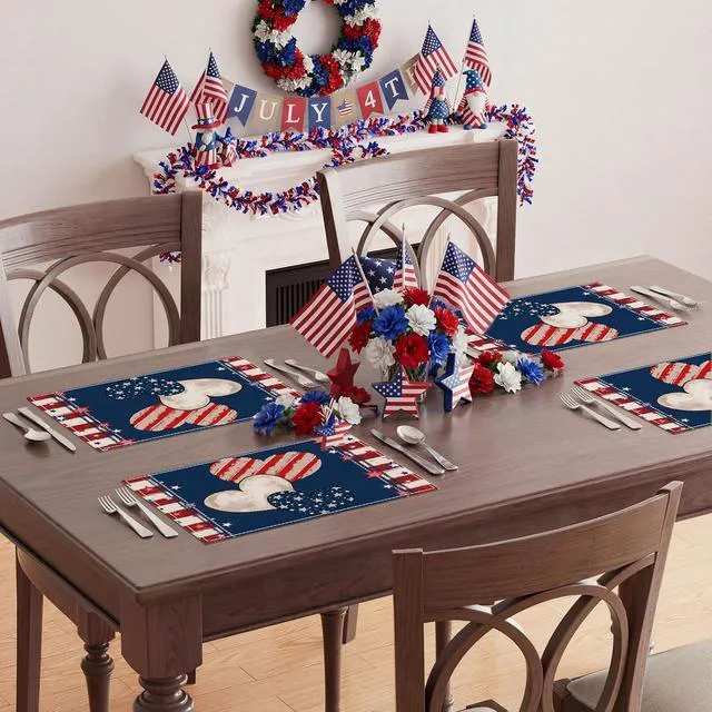 Alt view image 7 of 7 - Heart Stripe Stars 4th of July Placemats Set of 4 12x18 Inch Patriotic America Memorial Day Independence Day Table Decorations Cloth Table Mats