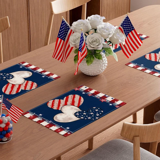 Alt view image 6 of 7 - Heart Stripe Stars 4th of July Placemats Set of 4 12x18 Inch Patriotic America Memorial Day Independence Day Table Decorations Cloth Table Mats