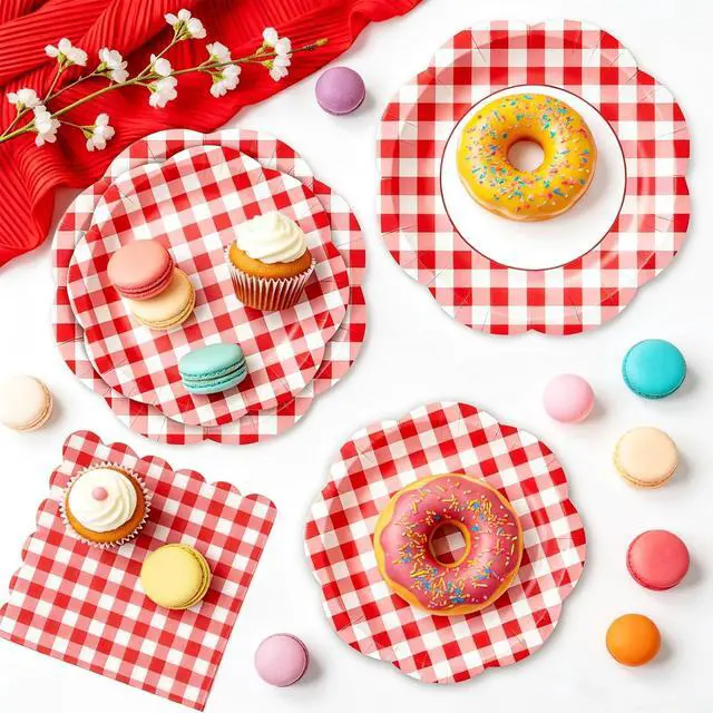 Alt view image 2 of 7 - 60Pcs Red Gingham Paper Plates and Napkins Party Supplies for 20 Guests