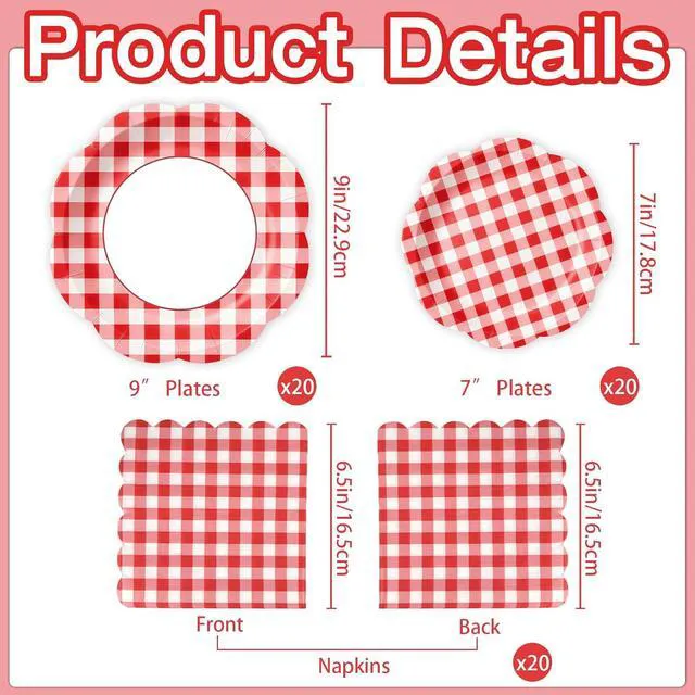 Alt view image 3 of 7 - 60Pcs Red Gingham Paper Plates and Napkins Party Supplies for 20 Guests