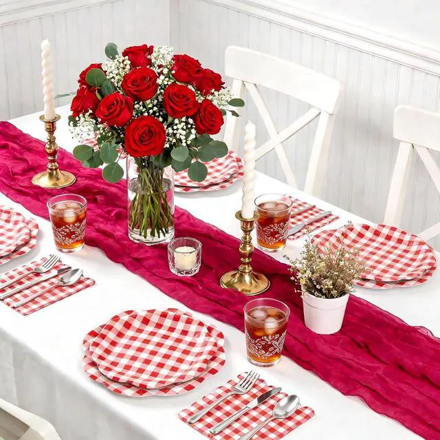 Alt view image 7 of 7 - 60Pcs Red Gingham Paper Plates and Napkins Party Supplies for 20 Guests