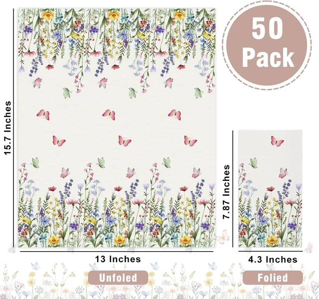 Alt view image 2 of 7 - 50 Spring Floral Paper Napkins, Wildflower Flower Butterfly Disposable Decorative Guest Napkins for Spring Summer Party, Bridal Shower, Baby Shower, Tea Party, Birthday Table Decorations