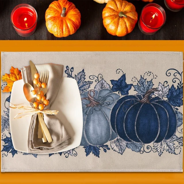Alt view image 2 of 7 - Fall Thanksgiving Placemats Set of 4 Blue Vintage Pumpkin Decorative