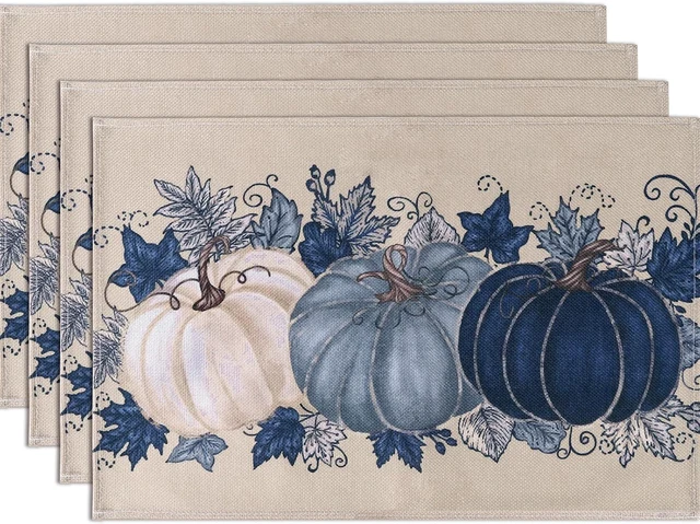 Main image of Fall Thanksgiving Placemats Set of 4 Blue Vintage Pumpkin Decorative