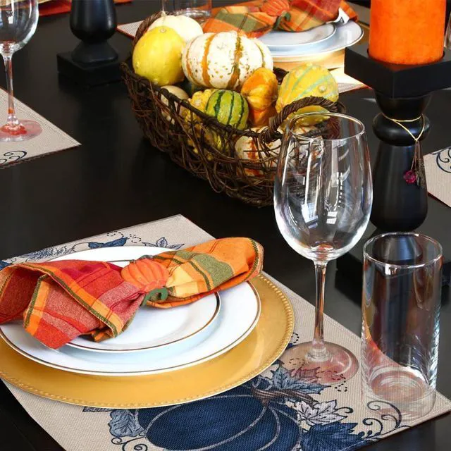 Alt view image 3 of 7 - Fall Thanksgiving Placemats Set of 4 Blue Vintage Pumpkin Decorative