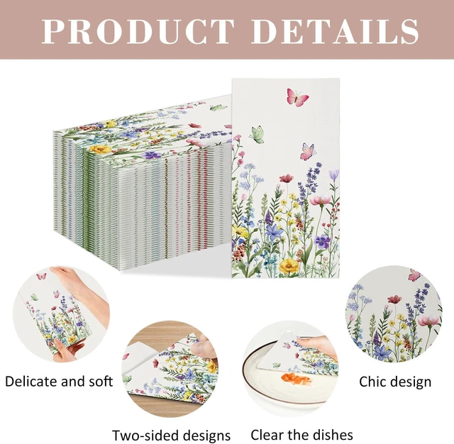 Alt view image 5 of 7 - 50 Spring Floral Paper Napkins, Wildflower Flower Butterfly Disposable Decorative Guest Napkins for Spring Summer Party, Bridal Shower, Baby Shower, Tea Party, Birthday Table Decorations