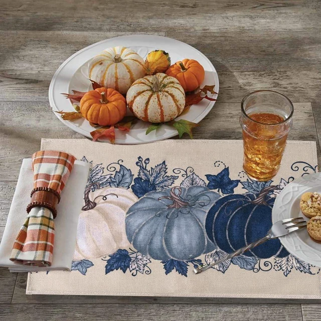 Alt view image 4 of 7 - Fall Thanksgiving Placemats Set of 4 Blue Vintage Pumpkin Decorative
