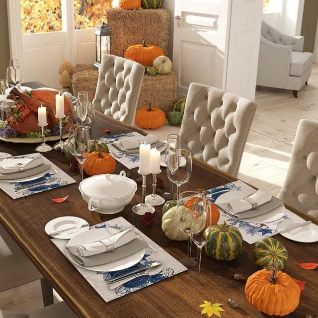 Alt view image 5 of 7 - Fall Thanksgiving Placemats Set of 4 Blue Vintage Pumpkin Decorative