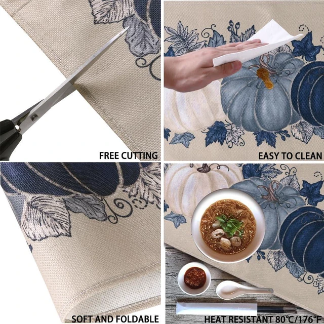 Alt view image 6 of 7 - Fall Thanksgiving Placemats Set of 4 Blue Vintage Pumpkin Decorative