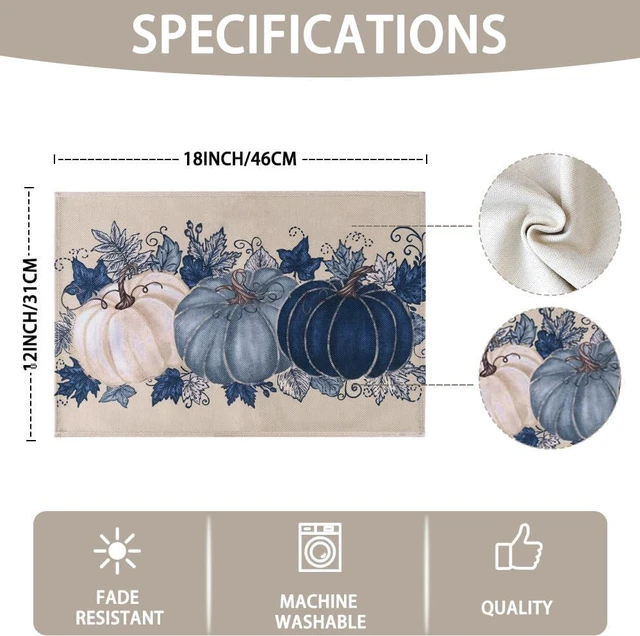 Alt view image 7 of 7 - Fall Thanksgiving Placemats Set of 4 Blue Vintage Pumpkin Decorative