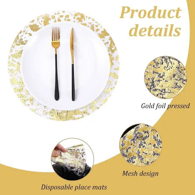 Alt view image 3 of 7 - Disposable Gold Placemats Set of 12, Round 13 Inch Metallic Foil Mesh Table Decor for Party Wedding Christmas Thanksgiving Valentine(Gold)