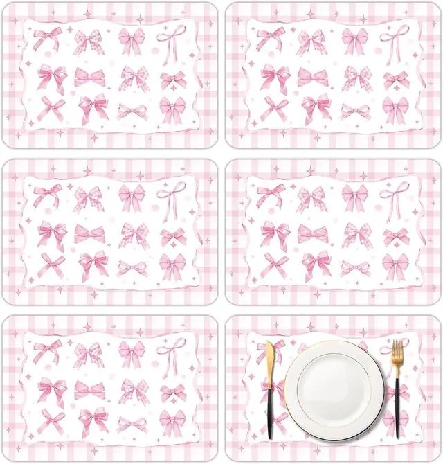 Main image of 6 Pcs Pink Bow Plastic Placemats, 11x16 Inch Summer Cute Plaid Bow Placemats Seasonal Washable Table Mats for Wedding Baby Shower Birthday Party Kitchen Dining Decoration