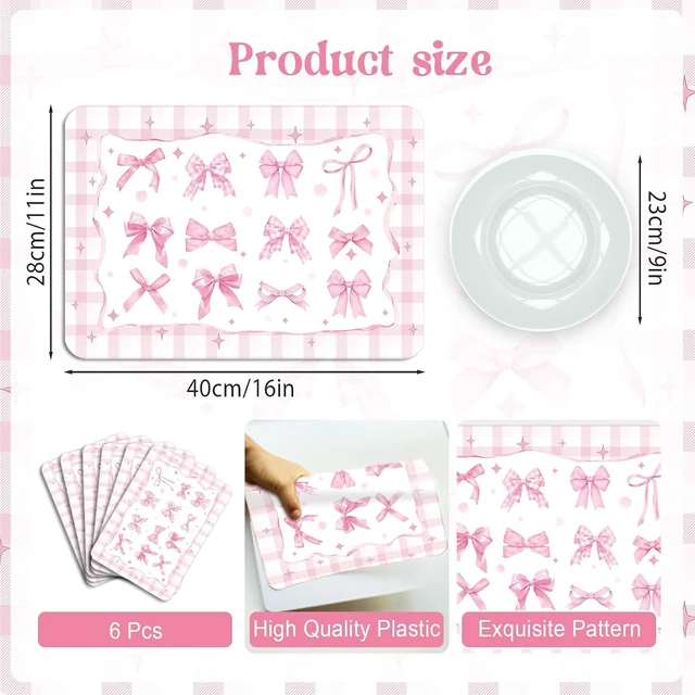 Alt view image 2 of 7 - 6 Pcs Pink Bow Plastic Placemats, 11x16 Inch Summer Cute Plaid Bow Placemats Seasonal Washable Table Mats for Wedding Baby Shower Birthday Party Kitchen Dining Decoration