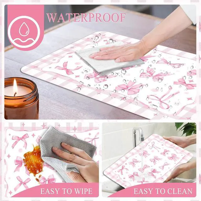 Alt view image 3 of 7 - 6 Pcs Pink Bow Plastic Placemats, 11x16 Inch Summer Cute Plaid Bow Placemats Seasonal Washable Table Mats for Wedding Baby Shower Birthday Party Kitchen Dining Decoration