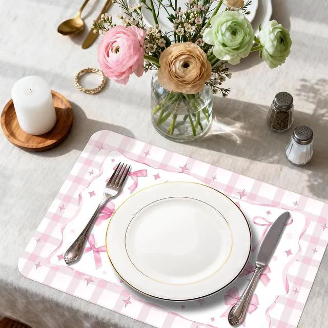 Alt view image 4 of 7 - 6 Pcs Pink Bow Plastic Placemats, 11x16 Inch Summer Cute Plaid Bow Placemats Seasonal Washable Table Mats for Wedding Baby Shower Birthday Party Kitchen Dining Decoration