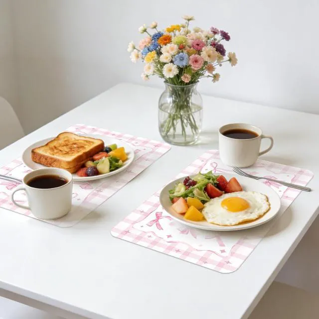 Alt view image 5 of 7 - 6 Pcs Pink Bow Plastic Placemats, 11x16 Inch Summer Cute Plaid Bow Placemats Seasonal Washable Table Mats for Wedding Baby Shower Birthday Party Kitchen Dining Decoration