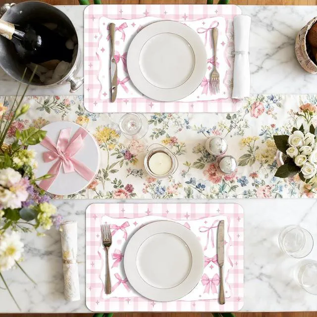 Alt view image 6 of 7 - 6 Pcs Pink Bow Plastic Placemats, 11x16 Inch Summer Cute Plaid Bow Placemats Seasonal Washable Table Mats for Wedding Baby Shower Birthday Party Kitchen Dining Decoration