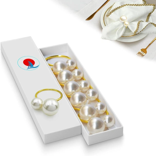 Main image of Napkin Rings - Pearl Gold Napkin Rings Set of 6 for Dinner Party Table Decor, Christmas Thanksgiving Fall Holiday Napkin Holder in Gift Box