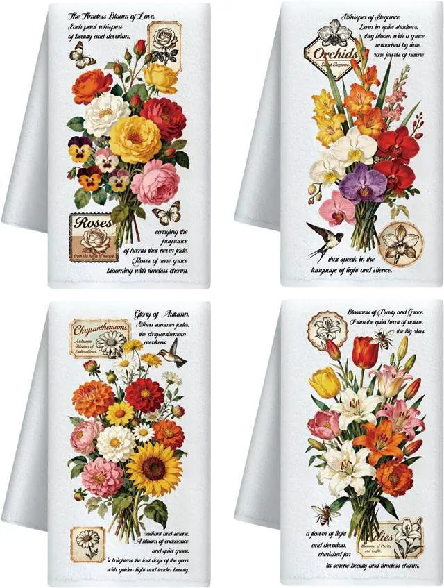 Main image of Vintage Floral Decorative Kitchen Towels Set of 4, 15.74"x23.62" Soft & Absorbent Microfiber Dish Towel for Tea Coffee Bar Home, Best Gift for Housewarming Christmas Thanksgiving Birthday