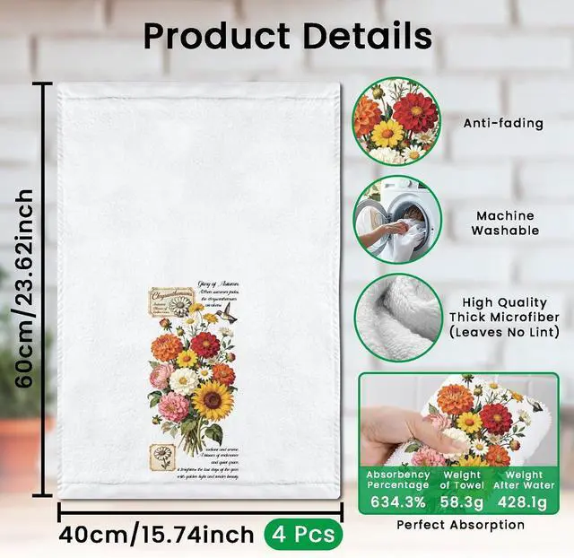 Alt view image 2 of 7 - Vintage Floral Decorative Kitchen Towels Set of 4, 15.74"x23.62" Soft & Absorbent Microfiber Dish Towel for Tea Coffee Bar Home, Best Gift for Housewarming Christmas Thanksgiving Birthday