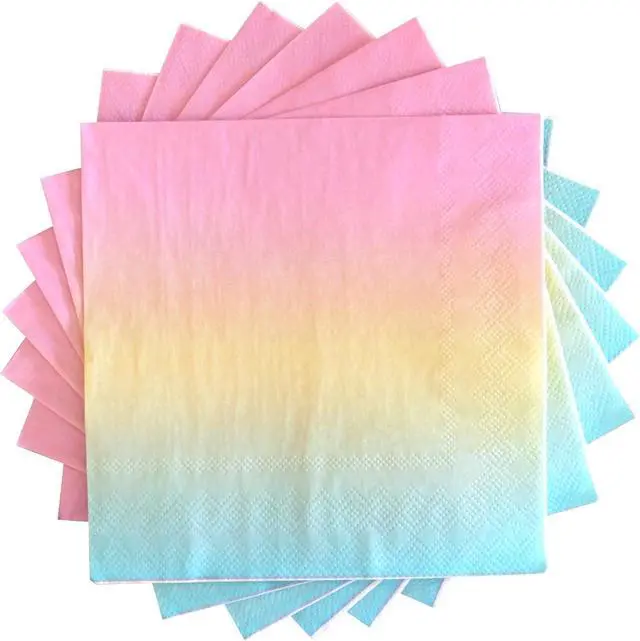 Main image of Party Paper Napkins - 50 Pack Pastel Birthday Disposable Paper Napkins with on Pink Yellow Blue Ombre Gradient for Cocktail Party Supplies - 6.5" x 6.5" inches (Any Occasion)