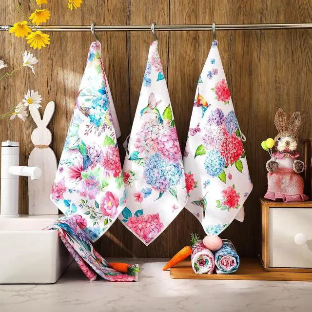 Alt view image 6 of 7 - 6 Pcs Spring Kitchen Towels Decor Hydrangea Hummingbirds Floral Dish Hand Tea Towels Camper Towel Dish Drying Towel for Kitchen Spring Party Holiday Supply Bathroom Housewarming Gift