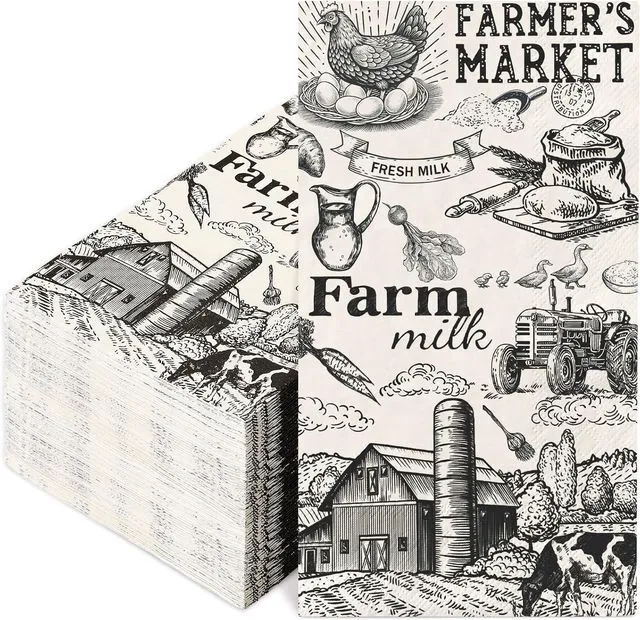 Main image of 50Pcs Milk Farm Guest Napkins Cow House Disposable Paper Napkins Vintage Farmers Market Dinner Hand Towels for Country Breakfast Farm Birthday Party Supplies Table Decor