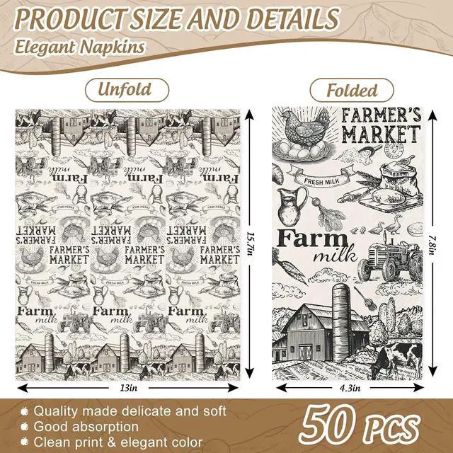 Alt view image 2 of 7 - 50Pcs Milk Farm Guest Napkins Cow House Disposable Paper Napkins Vintage Farmers Market Dinner Hand Towels for Country Breakfast Farm Birthday Party Supplies Table Decor