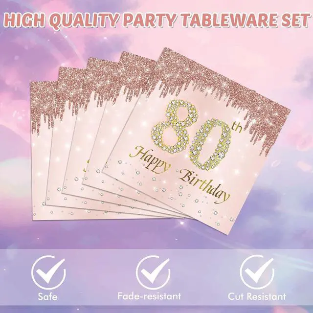 Alt view image 3 of 5 - 80th Birthday Napkins 40 Pack Rose Gold Disposable Paper Napkins Happy 80th Birthday Party Decorations for Women Vintage 1946 80 Year Old Party Supplies 6.5 x 6.5 inches