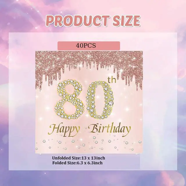 Alt view image 2 of 5 - 80th Birthday Napkins 40 Pack Rose Gold Disposable Paper Napkins Happy 80th Birthday Party Decorations for Women Vintage 1946 80 Year Old Party Supplies 6.5 x 6.5 inches