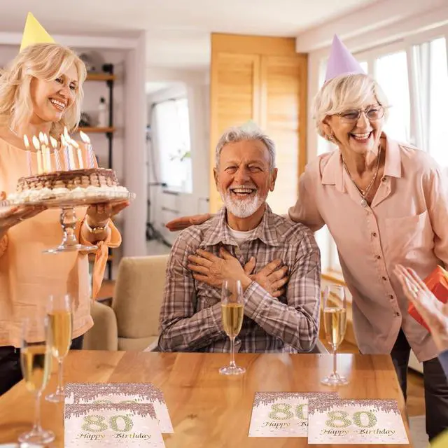 Alt view image 5 of 5 - 80th Birthday Napkins 40 Pack Rose Gold Disposable Paper Napkins Happy 80th Birthday Party Decorations for Women Vintage 1946 80 Year Old Party Supplies 6.5 x 6.5 inches