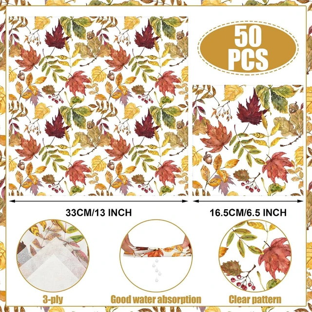Alt view image 2 of 6 - 50 Pcs Fall Leaves Party Napkins Maple Leaf Paper Napkin 3 Ply Autumn Disposable Napkins Fall Leaf Luncheon Dinner Napkin for Thanksgiving Autumn Harvest Home Kitchen Party Supplies, 6.5 x 6.5 Inch