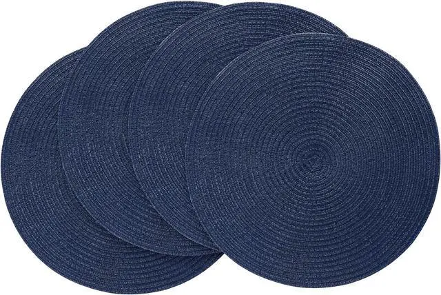 Main image of 15 Inch Round Braided Placemats Set of 4, Washable Heat Resistant Cotton Polyester Circle Place Mats for Kitchen Dining Table - Navy Blue
