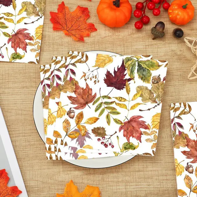 Alt view image 3 of 6 - 50 Pcs Fall Leaves Party Napkins Maple Leaf Paper Napkin 3 Ply Autumn Disposable Napkins Fall Leaf Luncheon Dinner Napkin for Thanksgiving Autumn Harvest Home Kitchen Party Supplies, 6.5 x 6.5 Inch