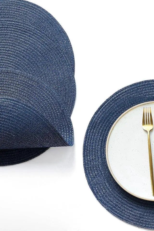 Alt view image 2 of 5 - 15 Inch Round Braided Placemats Set of 4, Washable Heat Resistant Cotton Polyester Circle Place Mats for Kitchen Dining Table - Navy Blue