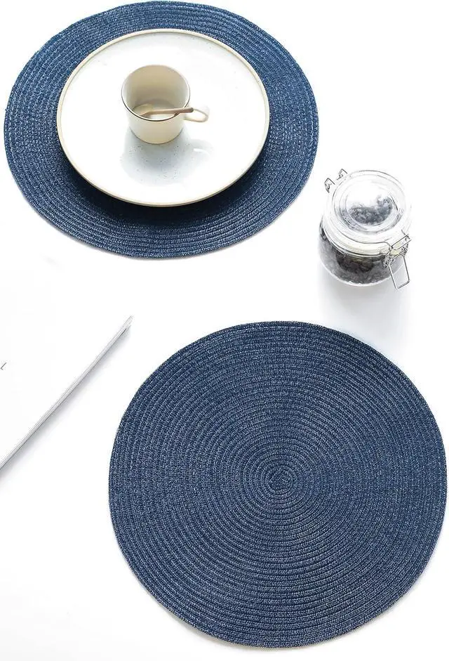 Alt view image 4 of 5 - 15 Inch Round Braided Placemats Set of 4, Washable Heat Resistant Cotton Polyester Circle Place Mats for Kitchen Dining Table - Navy Blue
