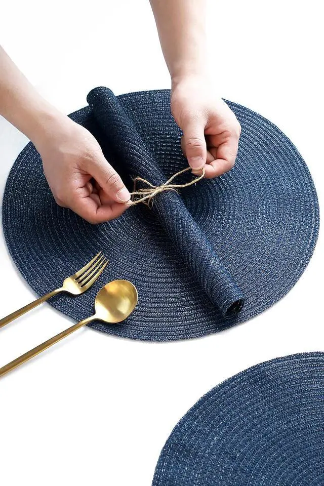 Alt view image 3 of 5 - 15 Inch Round Braided Placemats Set of 4, Washable Heat Resistant Cotton Polyester Circle Place Mats for Kitchen Dining Table - Navy Blue