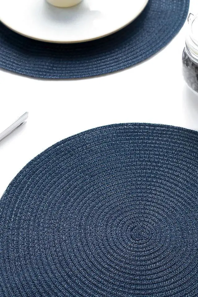 Alt view image 5 of 5 - 15 Inch Round Braided Placemats Set of 4, Washable Heat Resistant Cotton Polyester Circle Place Mats for Kitchen Dining Table - Navy Blue