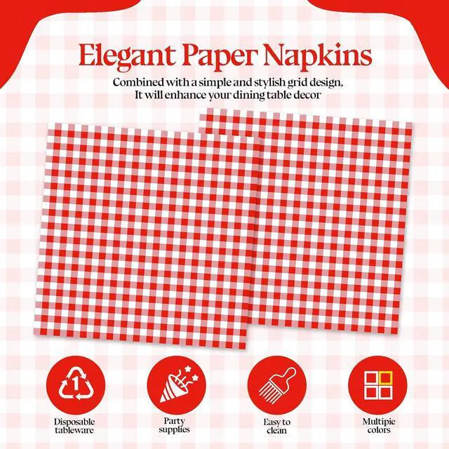Alt view image 3 of 7 - 50 Pcs Red Gingham Paper Napkins, Disposable Red and White Checkered Luncheon Napkin Plaid Dinner Beverage Napkin for Picnic Baby & Bridal Shower Wedding Birthday Party Decorations