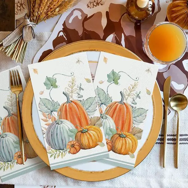 Alt view image 2 of 6 - 100Pcs Fall Paper Napkins, Watercolor Pumpkin