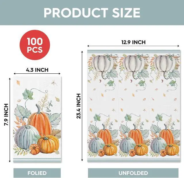 Alt view image 6 of 6 - 100Pcs Fall Paper Napkins, Watercolor Pumpkin