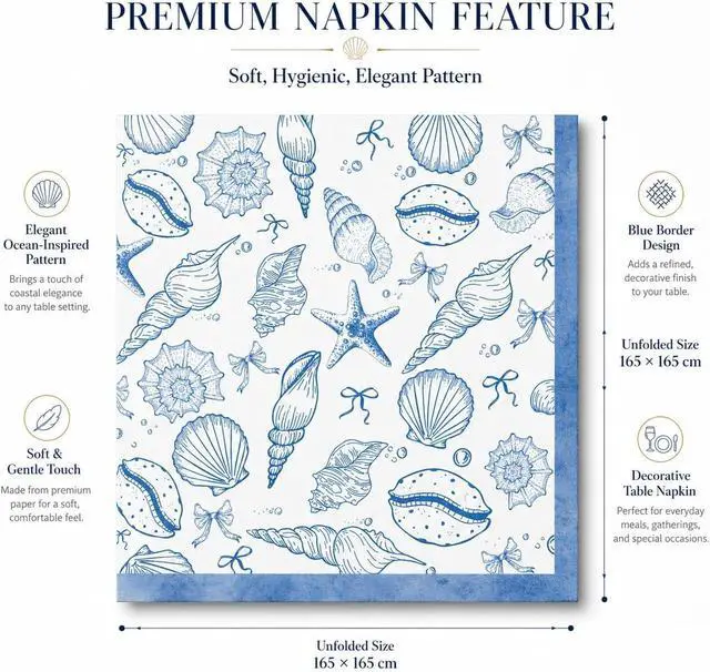 Alt view image 3 of 7 - Nautical Seashell Sea Napkins - 50pcs 2Ply | Ocean Beach Cocktail Beverage Napkins, Summer, Tropical, Wedding Bridal & Birthday, Coastal Dinner Party Supplies